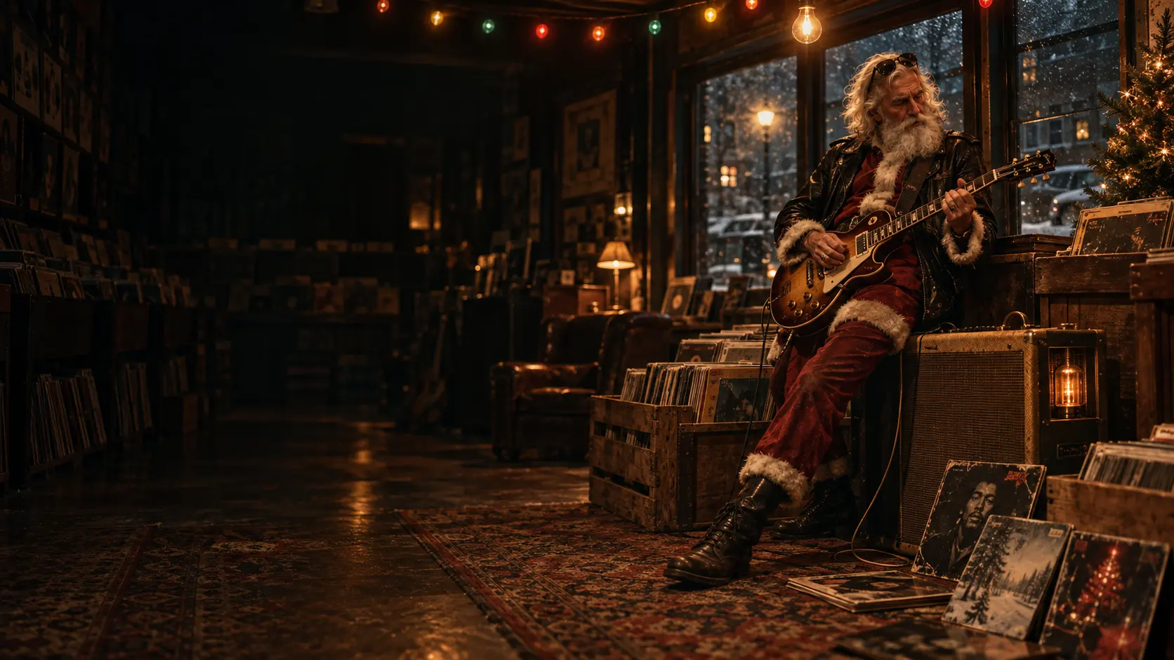 A rock and roll Santa Claus playing an electric guitar beside a stack of record crates in a dimly lit shop on a snowy evening